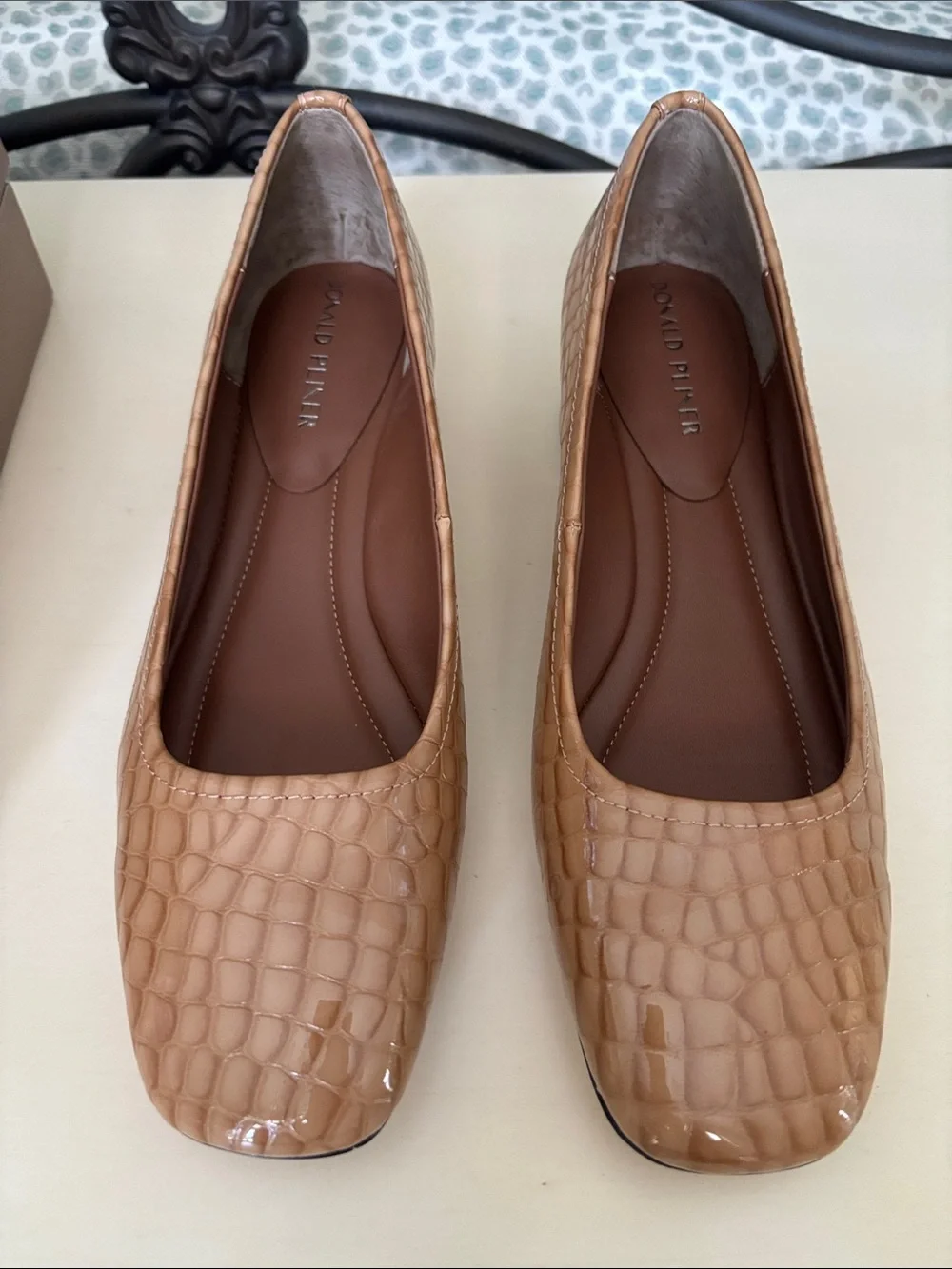 Donald J. Pliner Nude Tan Croc-Embossed Square-Toe Ballet style with low heel